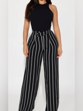 Madison Black and White Vertical-Stripe Wide-Leg Pants